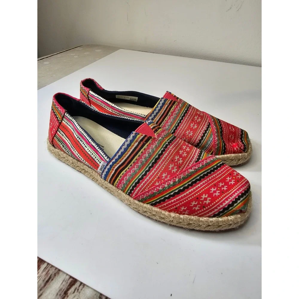 TOMS Womens Alpargata Espadrille Slip On Shoes Red Multi Woven Geometric 7.5